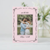 Mini roze grillige strik foto RSVP kaartje (Staand voorkant)