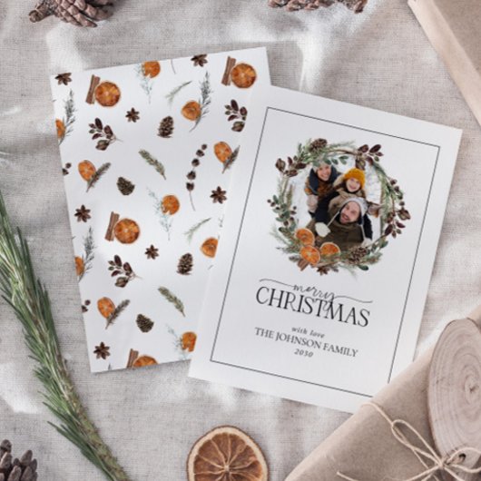 Mini Rustiek Sinaasappel Foto Krans Vrolijk Kerstf Notitiekaartje