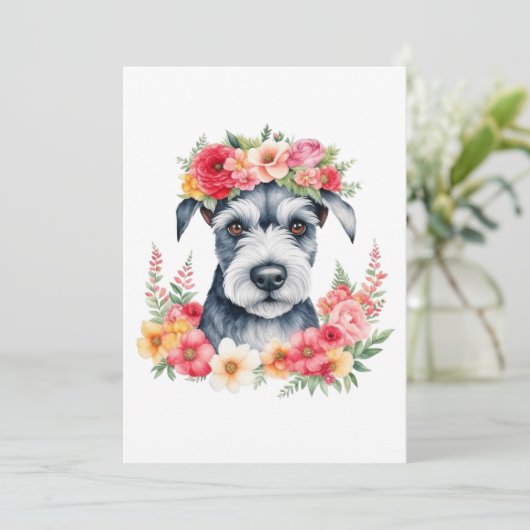 Mini Schnauzer Bloem Kerstkaart (Staand voorkant)