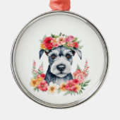 Mini Schnauzer Roze Bloemen Kroon Rood Geel Wit Metalen Ornament (Voorkant)