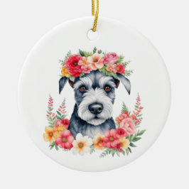 Mini Schnauzer Roze Bloemen Kroon Rood Geel Wit Metalen Ornament