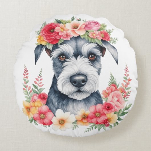 Mini Schnauzer Roze Bloemen Kroon Rood Geel Wit Rond Kussen (Voorkant)