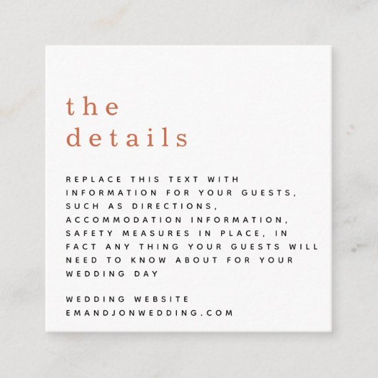 MINI Simple Typography Terracotta Wedding Details Informatiekaartje (Voorkant)