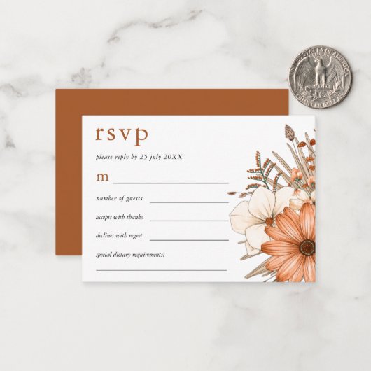 MINI SIZE Elegant Autumn Florals Wedding RSVP Notitiekaartje (Voorkant / Achterkant in situ)