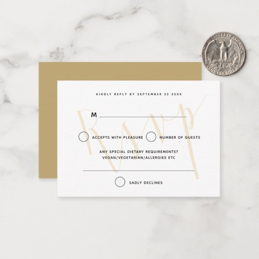 MINI SIZE Elegant Script Text Overlay Gold RSVP Notitiekaartje (Voorkant / Achterkant in situ)