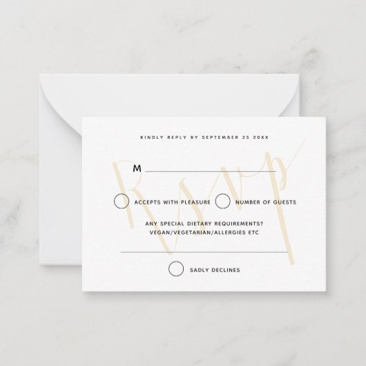 MINI SIZE Elegant Script Text Overlay Gold RSVP Notitiekaartje (Voorkant)