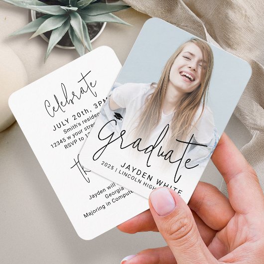 Mini Size Modern Script Photo Afstuderen Uitnodige Informatiekaartje