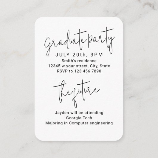 Mini Size Modern Script Photo Afstuderen Uitnodige Informatiekaartje (Achterkant)