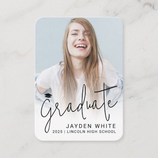 Mini Size Modern Script Photo Afstuderen Uitnodige Informatiekaartje (Voorkant)