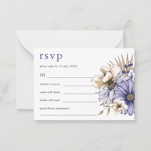 MINI SIZE Paarse Cream Florals Weddenschap RSVP Notitiekaartje (Voorkant)