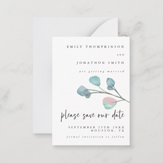 MINI SIZE Pastel Eucalyptus Weddenschap opslaan Da Notitiekaartje (Voorkant)