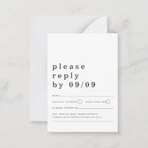 MINI SIZE Typografie Black White Wedding RSVP Notitiekaartje