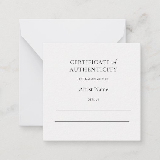 Mini White Certificate of Authenticity for Art Notitiekaartje (Voorkant)