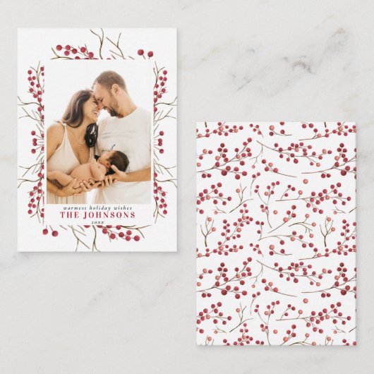 Mini Winter Rode Bes Aquarel Kerst Foto Notitiekaartje (Voorkant / Achterkant)