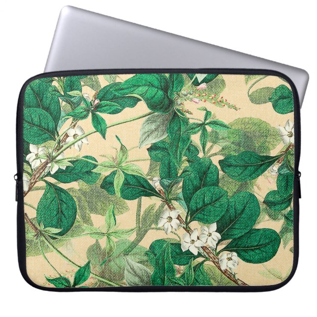 Mini-witte bloemen met bladpatroon laptop sleeve (Voorkant)