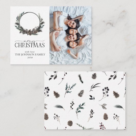 Mini Zwart Winter Krans Vrolijk Kerstfeest Foto Notitiekaartje (Voorkant / Achterkant)