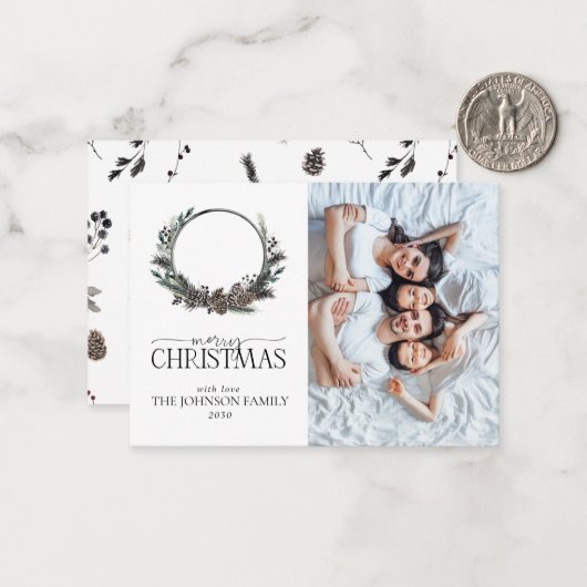 Mini Zwart Winter Krans Vrolijk Kerstfeest Foto Notitiekaartje (Voorkant / Achterkant in situ)