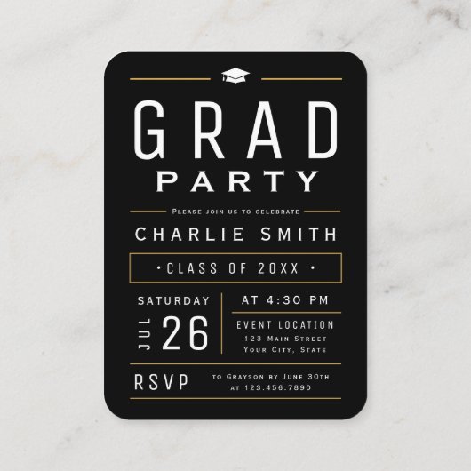 Mini Zwarte Typografie Foto Afstuderen Uitnodigen Informatiekaartje (Achterkant)