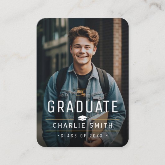 Mini Zwarte Typografie Foto Afstuderen Uitnodigen Informatiekaartje (Voorkant)