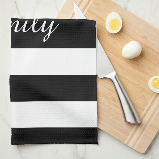 Minialist Black & White Stripes Pattern Name Print Theedoek (Quarter Fold)