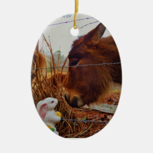 Miniature Brown horse & Easter Bunny Keramisch Ornament