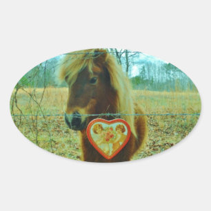 Miniature Brown horse Valentijn Heart Ovale Sticker