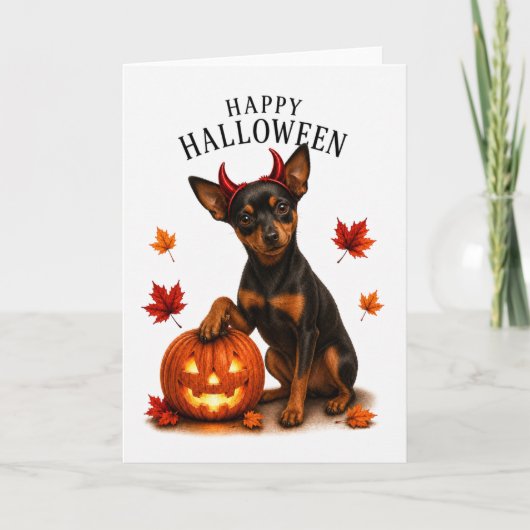 Miniature Pinscher Halloween Duivel Hond Kaart (Voorkant)
