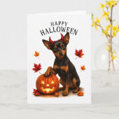 Miniature Pinscher Halloween Duivel Hond Kaart (Gele Bloem)