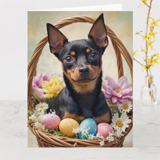 Miniature Pinscher Pasen Eieren Kaart (Gele Bloem)
