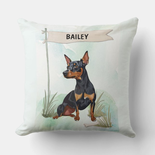 Miniature Pinscher Watercolor Personalized Dog Kussen (Voorkant)