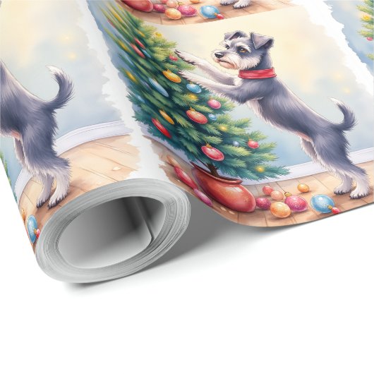 Miniature Schnauzer Decorating Christmas Tree Dog  Cadeaupapier (Rol Hoek)