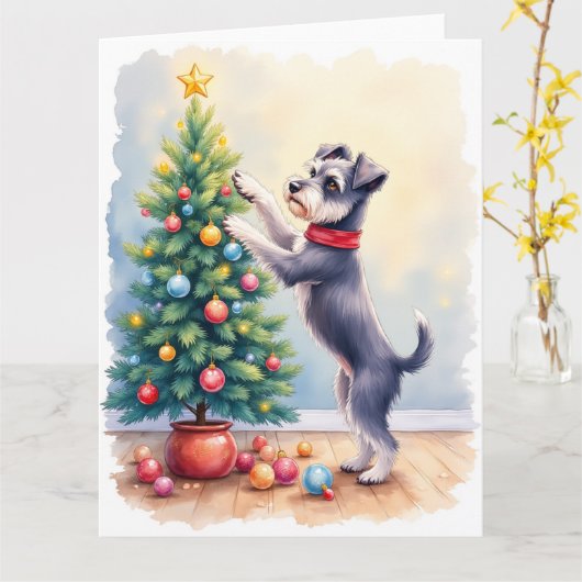 Miniature Schnauzer Decorating Christmas Tree Dog Kaart (Gele Bloem)