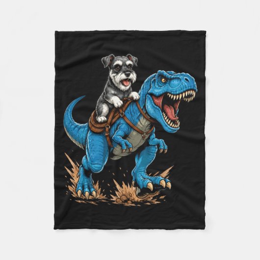 Miniature Schnauzer rijdt T Rex dinosaurus grappig Fleece Deken (Voorkant)