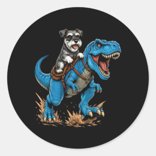 Miniature Schnauzer rijdt T Rex dinosaurus grappig Ronde Sticker