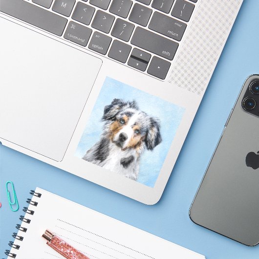 Miniatuur American Shepherd Painting - Dog Art Sticker (Laptop met iPhone)