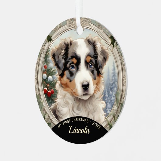 Miniatuur Amerikaans Herder Puppy Ornament (Voorkant links)