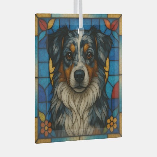 Miniatuur Amerikaanse Herder Merle "Glas in lood" Glas Ornament (Voorkant Rechts)