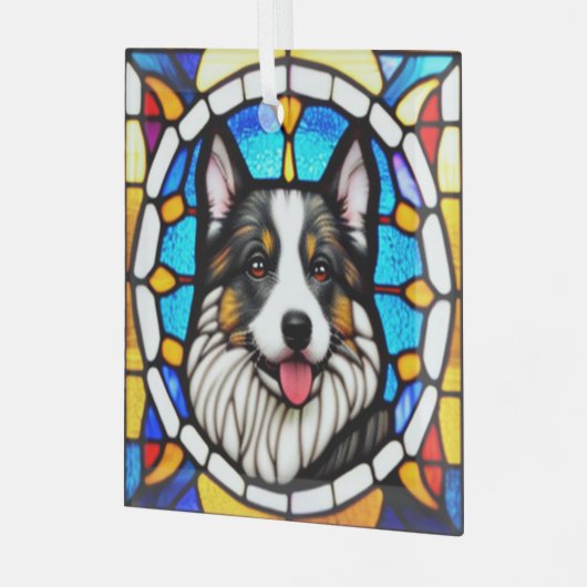 Miniatuur Amerikaanse herdershond "Glas in lood" Glas Ornament (Voorkant links)