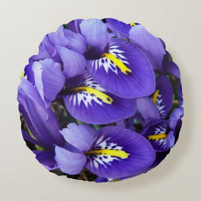 Miniatuur Blue Iriss Spring Floral Rond Kussen (Voorkant)