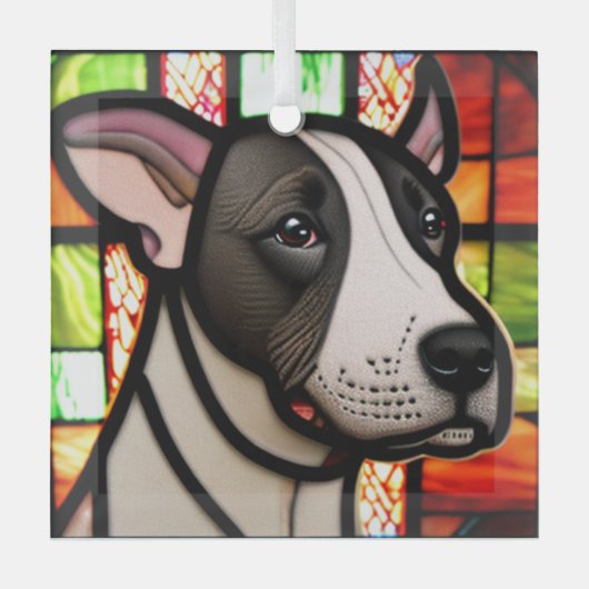 Miniatuur Bull Terrier "Glas in lood" Glas Ornament (Voorkant)
