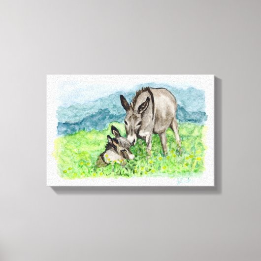 Miniatuur Donkey Mam en Baby Art Canvas Afdruk (Voorkant)