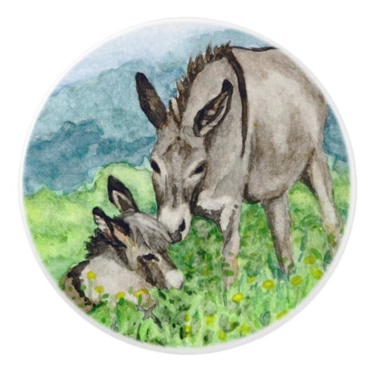Miniatuur Donkey Mam en Baby Art Keramische Knop (Voorkant)