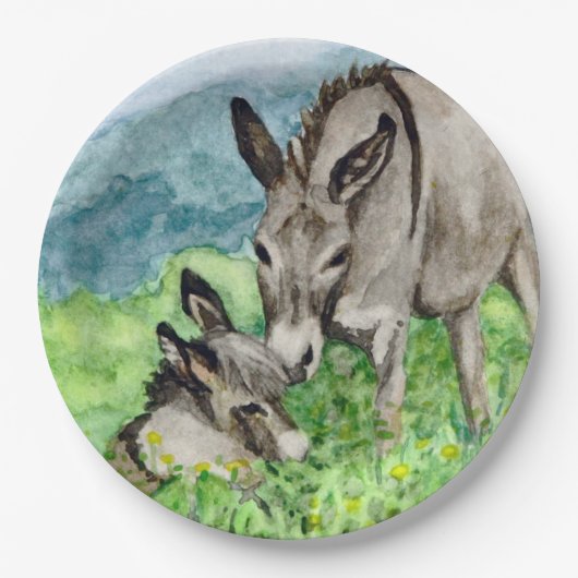 Miniatuur Donkey Mam en Baby Art Papieren Bordje (Voorkant)