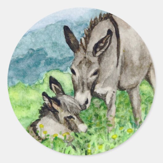Miniatuur Donkey Mam en Baby Art Ronde Sticker (Voorkant)