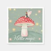 Miniatuur elfje zit bovenop een paddenstoel en glo servet (Voorkant)