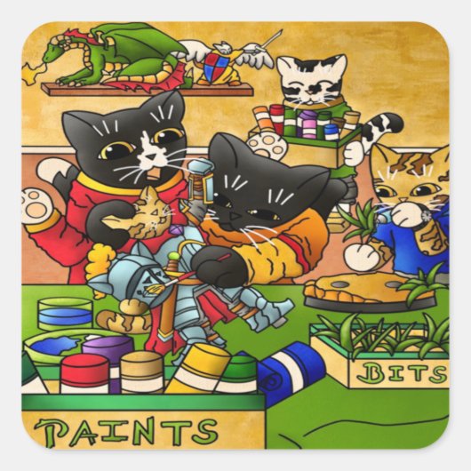 Miniatuur Knight Cat Model Schilderende Katten Jig Vierkante Sticker (Voorkant)