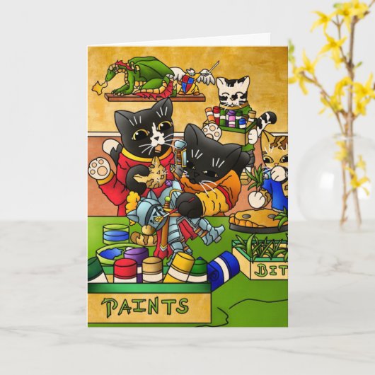 Miniatuur Knight Cat Model Schilderkatten Kaart (Gele Bloem)