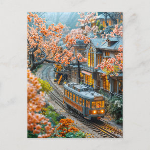 Miniatuur lentetrein onder kersenbomen feestdagenkaart