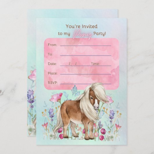 Miniatuur Paard Verjaardagsfeest Uitnodiging (Voorkant / Achterkant)