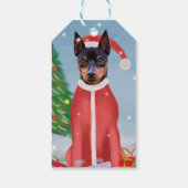 Miniatuur Pinsch Dog in sneeuw met kerstcadeaus Cadeaulabel (Achterkant)